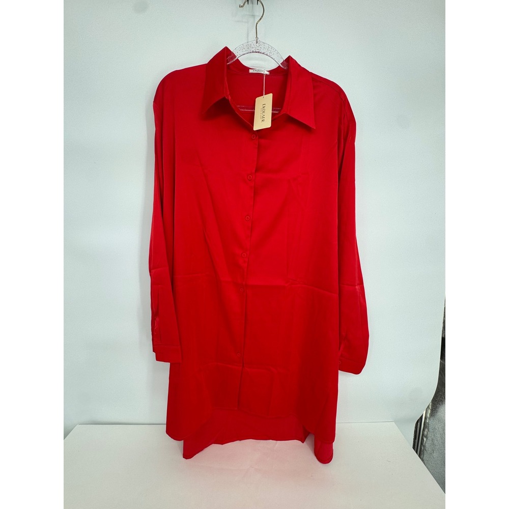 Ekouaer Womens Red Satin Button Down Shirt Tunic Long Sleeve Oversized XXXL NWT